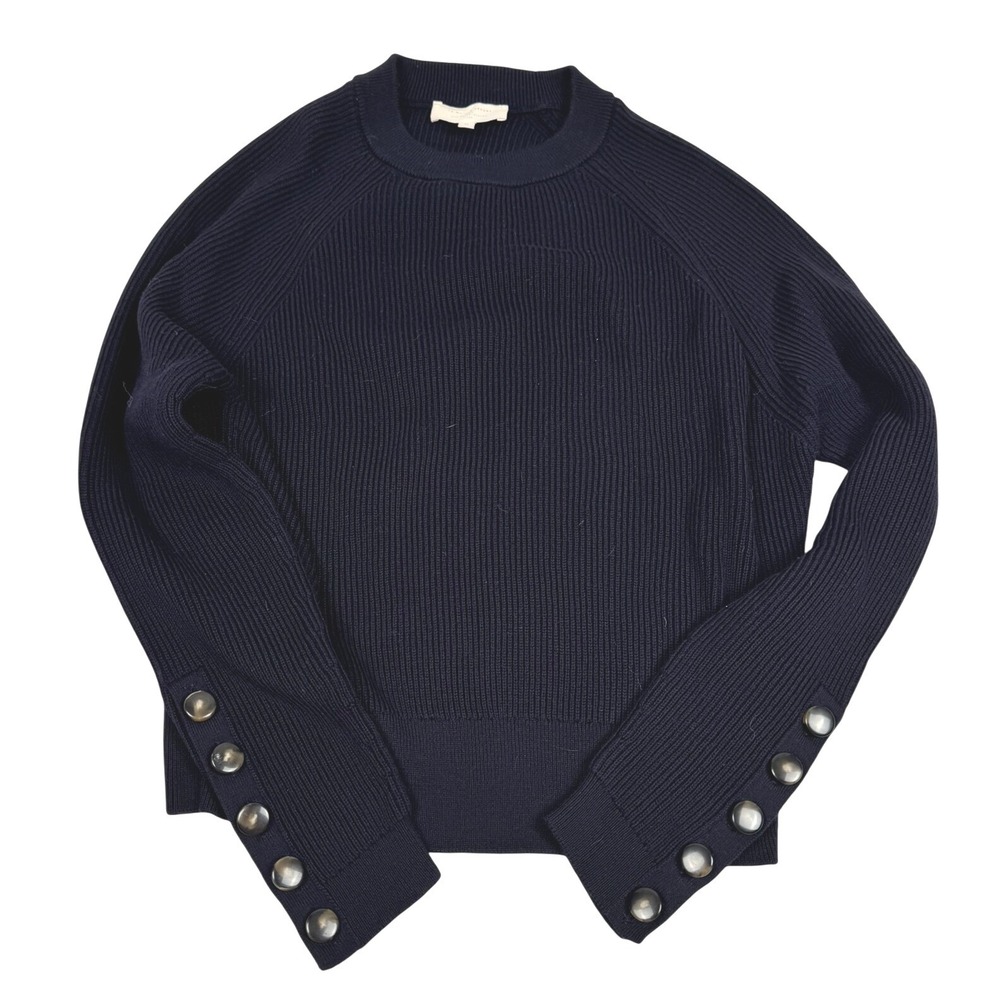 Sezane Sami Sweater Navy Blue Merino Wool Cotton Ribbed Button Cuff Pullover M